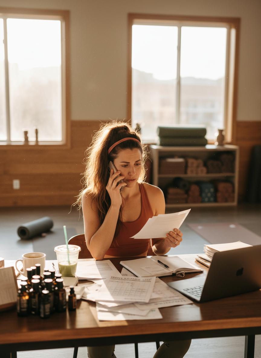 Overwhelmed yoga teacher with admin work